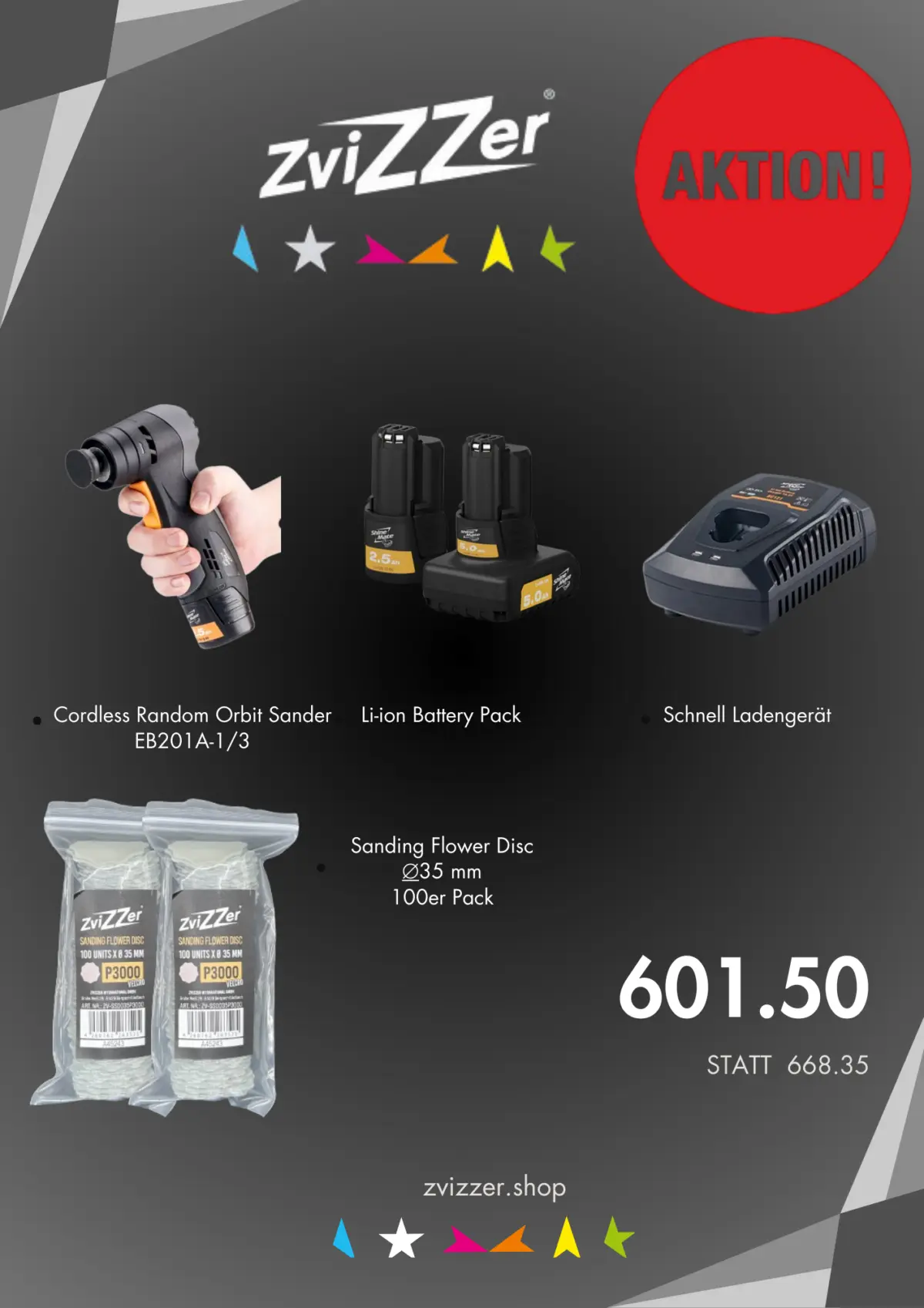 Cordless Random Orbit Sander EB201A-1/3 Set mit Schleifpapier