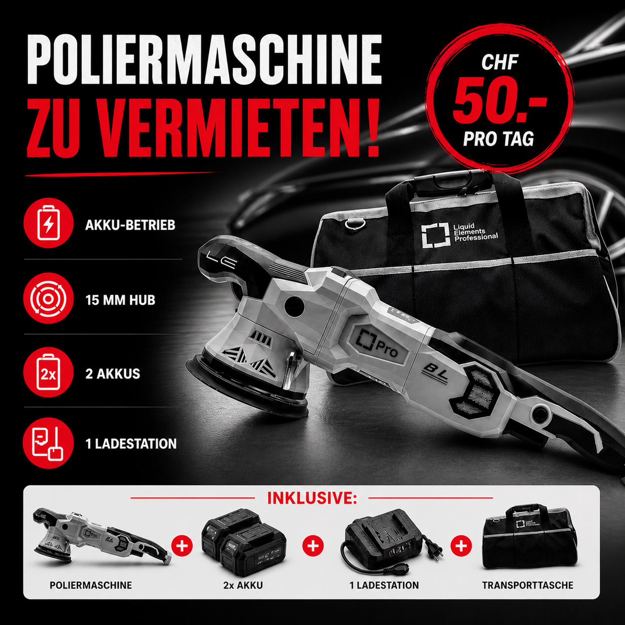 Vermietung Poliermaschine Liquid Elements "T4500 Pro" Akku - 15Mm Hub